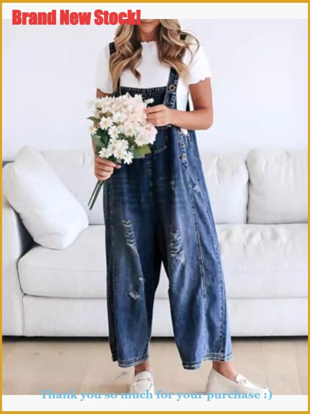 Denim Bib Overall Wide Leg Baggy Jeans Adjustable Strap Distressed